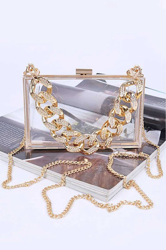 Women's Crystal Chunky Chain Clear Box Clutch
