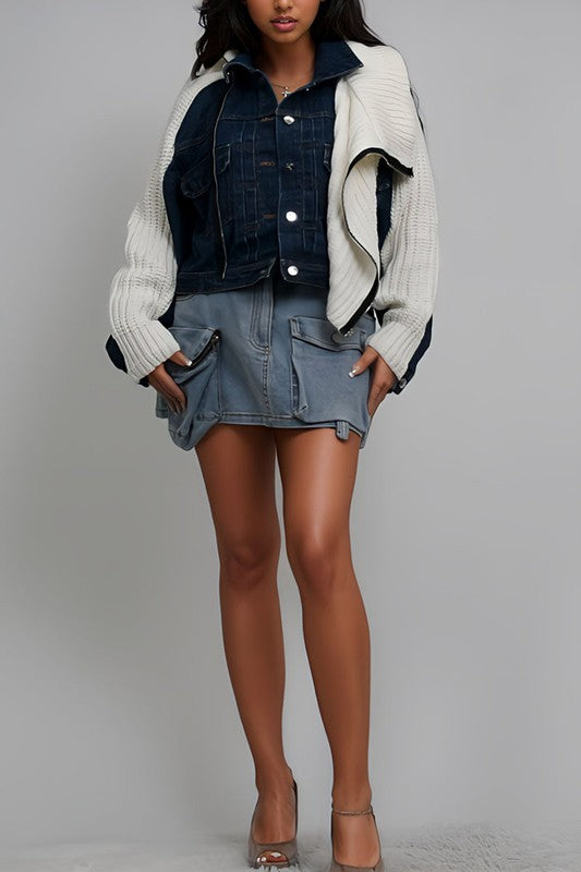Women's Denim and Knit Multi Fabric Jacket