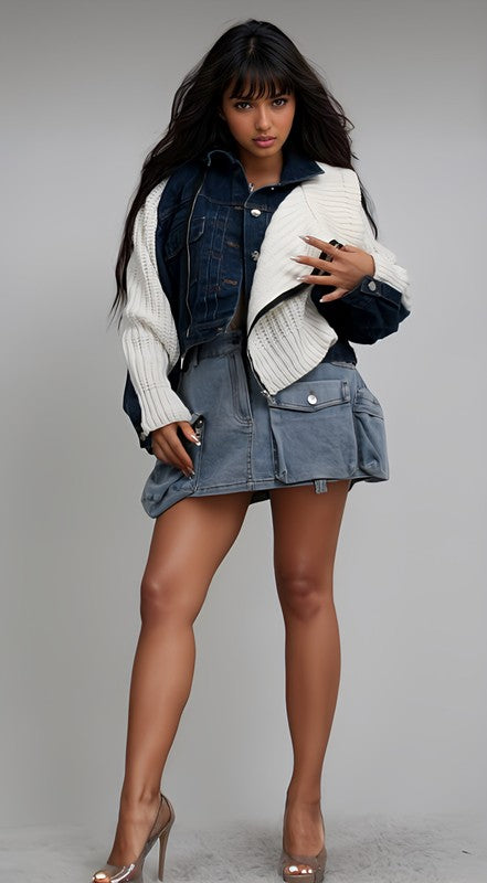 Women's Denim and Knit Multi Fabric Jacket