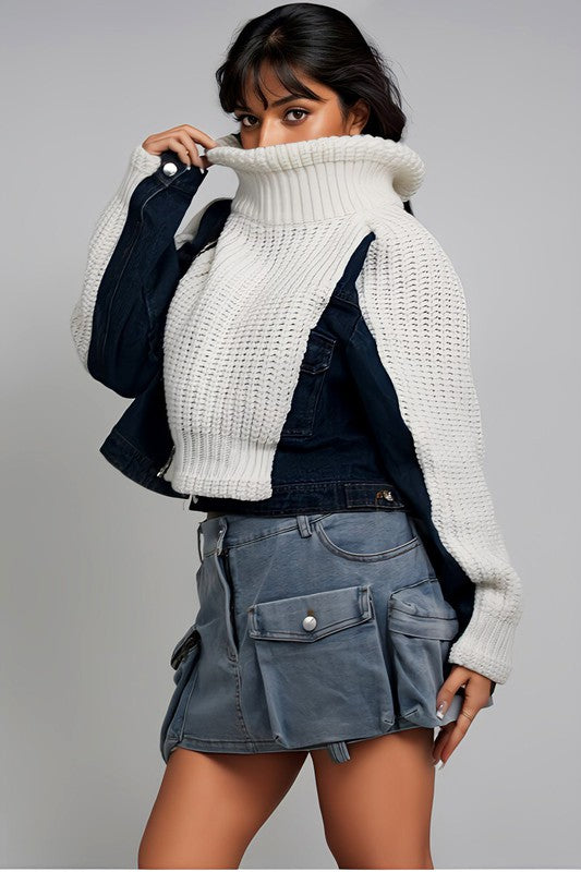 Women's Denim and Knit Multi Fabric Jacket