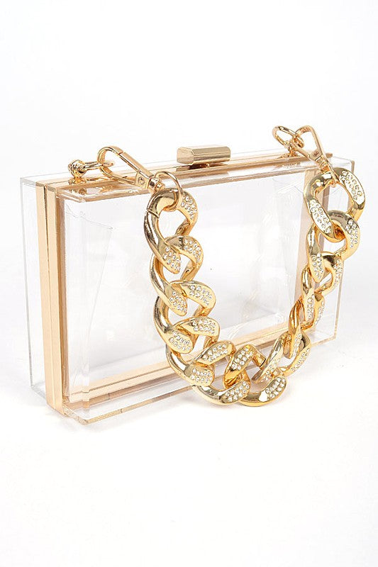 Women's Crystal Chunky Chain Clear Box Clutch