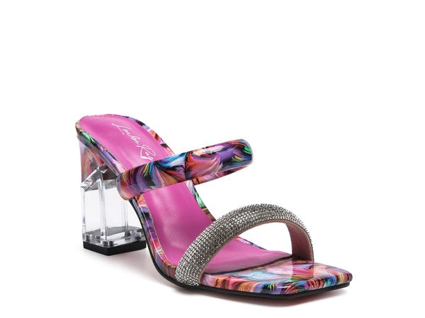 Krypton Clear Block Heeled Marble Print Slides