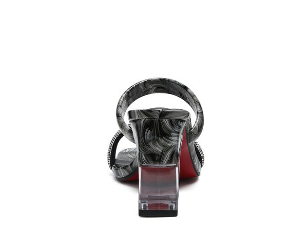 Krypton Clear Block Heeled Marble Print Slides