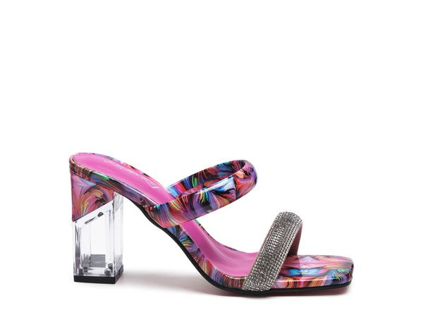 Krypton Clear Block Heeled Marble Print Slides