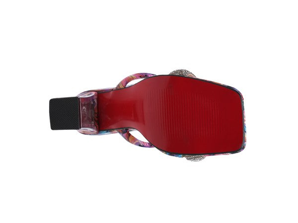 Krypton Clear Block Heeled Marble Print Slides