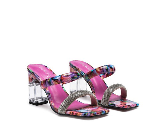 Krypton Clear Block Heeled Marble Print Slides