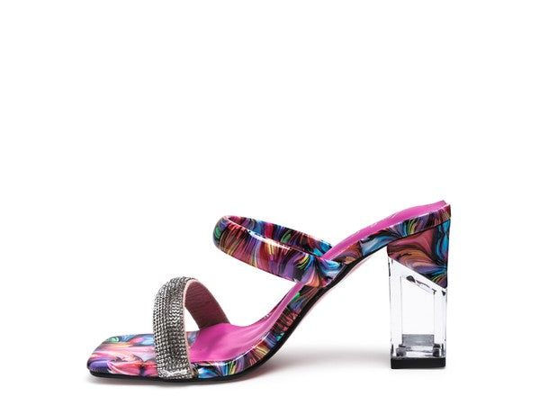 Krypton Clear Block Heeled Marble Print Slides
